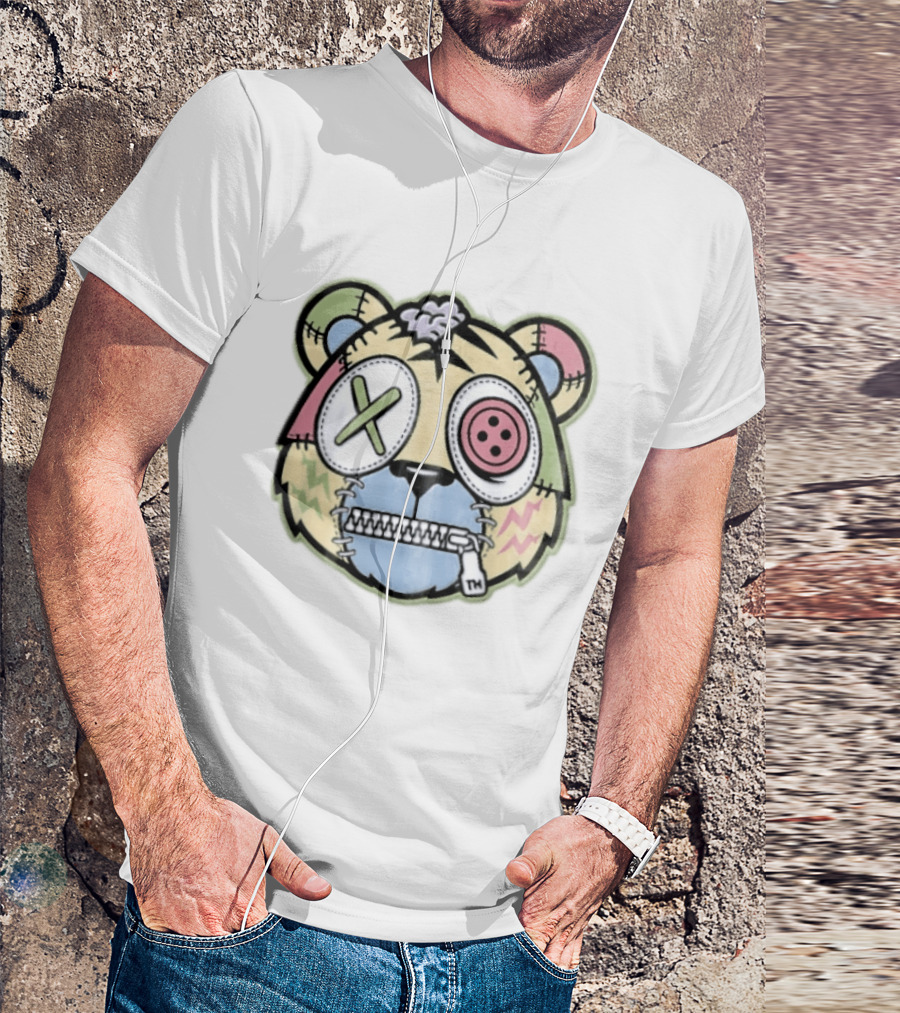 Tm Cartoon Patchwork Zombie Bear Button Eye Zipper Mouth T-Shirt