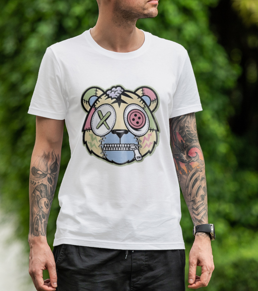 Tm Cartoon Patchwork Zombie Bear Button Eye Zipper Mouth T-Shirt