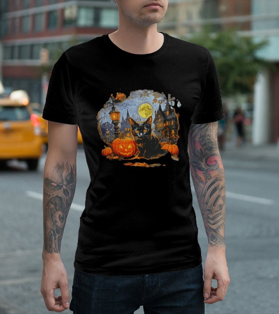 Black Cat Halloween Glowing Jack O' Lantern Haunted Mansion Full Moon Scene T-Shirt