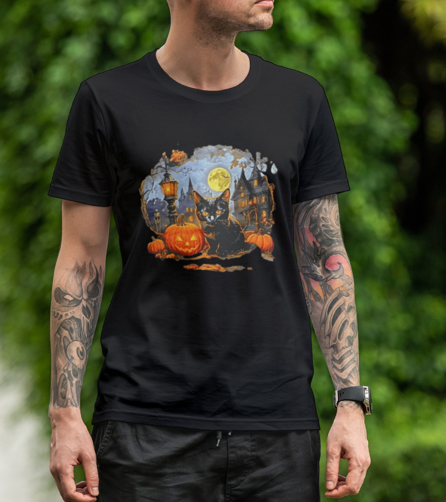 Black Cat Halloween Glowing Jack O' Lantern Haunted Mansion Full Moon Scene T-Shirt