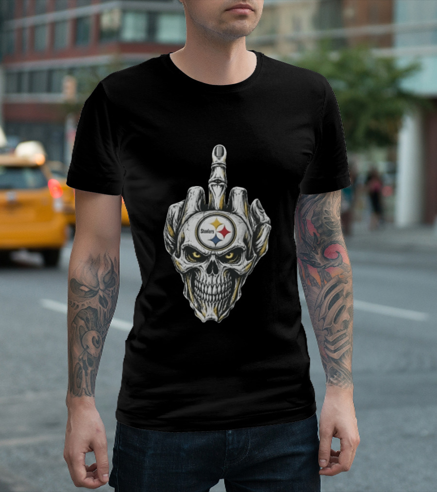 Pittsburgh Steelers Skull Middle Finger Gesture Football Fan T-Shirt