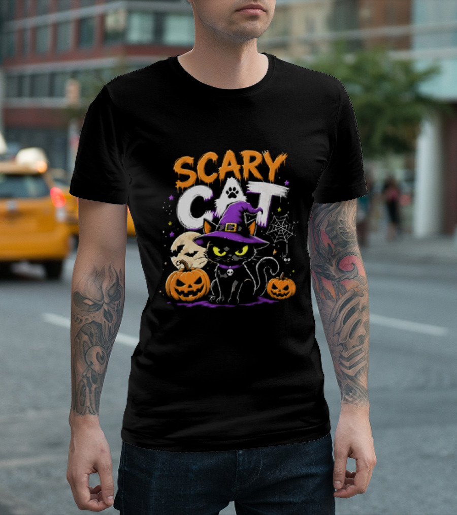 Scary Cat Black Kitten Witch Hat Full Moon Jack O Lanterns Halloween Cartoon T-Shirt