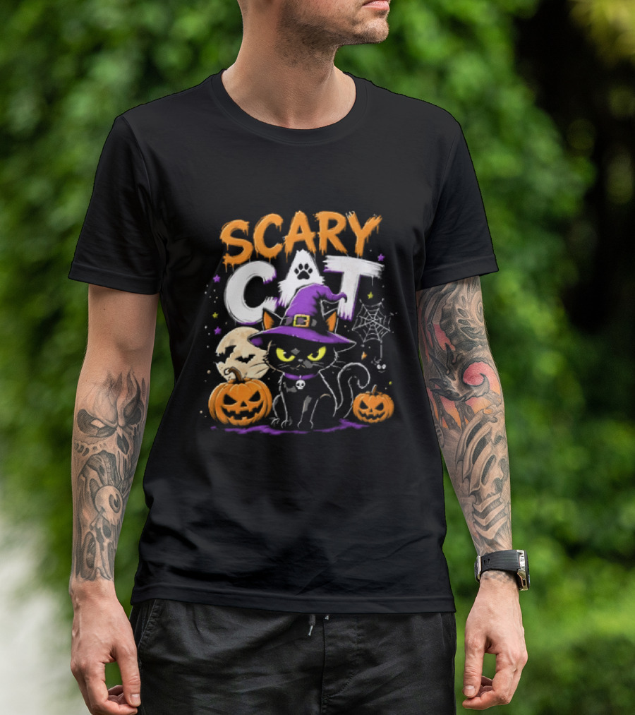 Scary Cat Black Kitten Witch Hat Full Moon Jack O Lanterns Halloween Cartoon T-Shirt