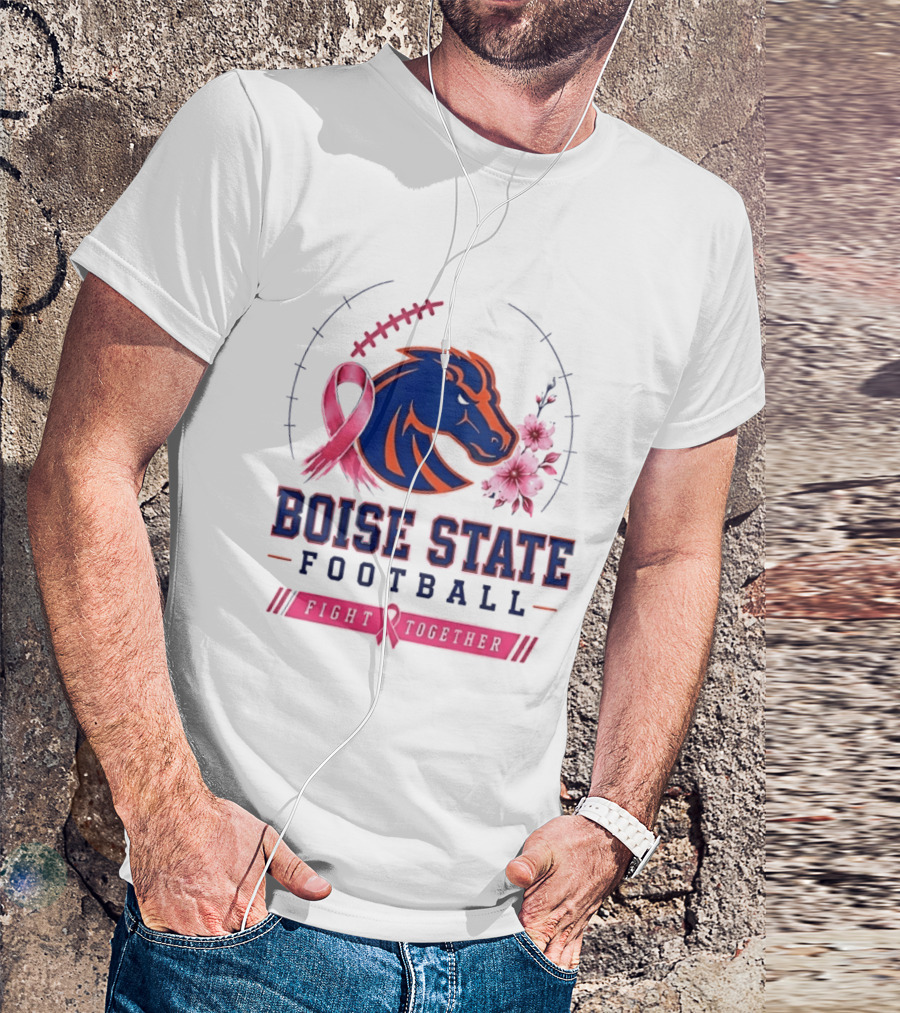 Boise State Broncos Football Fight Together Breast Cancer Awareness Pink Ribbon Flowers T-Shirt