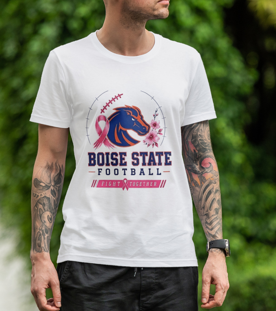 Boise State Broncos Football Fight Together Breast Cancer Awareness Pink Ribbon Flowers T-Shirt