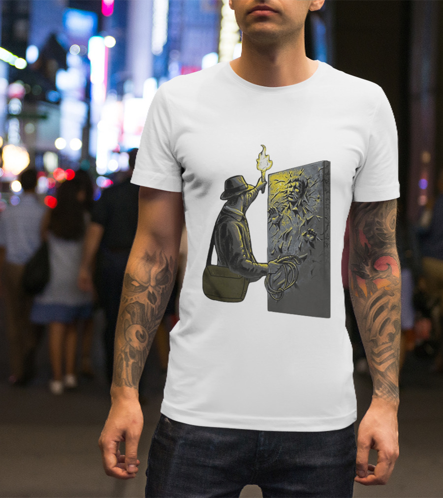 Indiana Jones Exploring Han Solo Frozen In Carbonite Mashup T-Shirt
