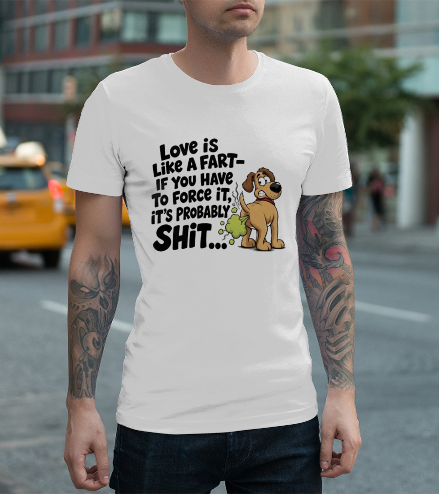 Love Is Like A Fart If You Have To Force It It's Probably Shit Dog Farting Humor T-Shirt