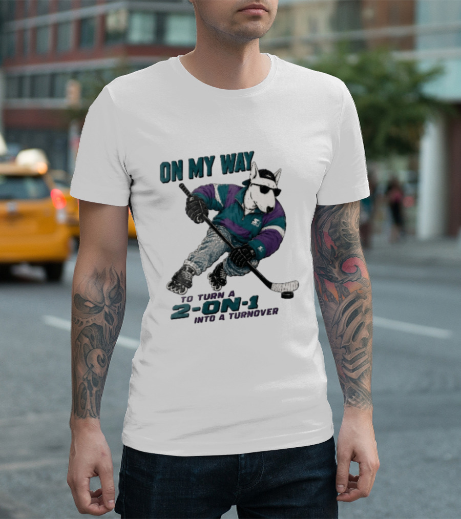 On My Way To Turn A 2 On 1 Into A Turnover Cartoon Bull Terrier Rollerblading Hockey Puck T-Shirt