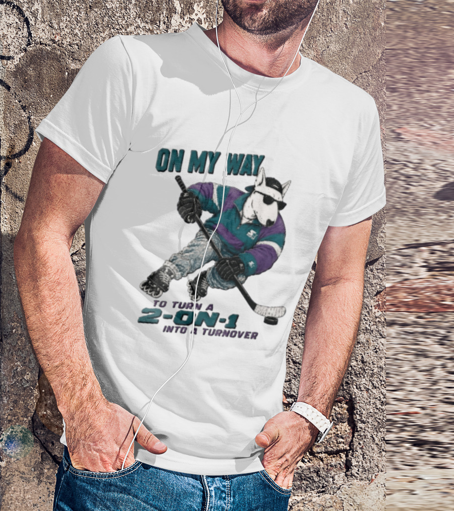 On My Way To Turn A 2 On 1 Into A Turnover Cartoon Bull Terrier Rollerblading Hockey Puck T-Shirt