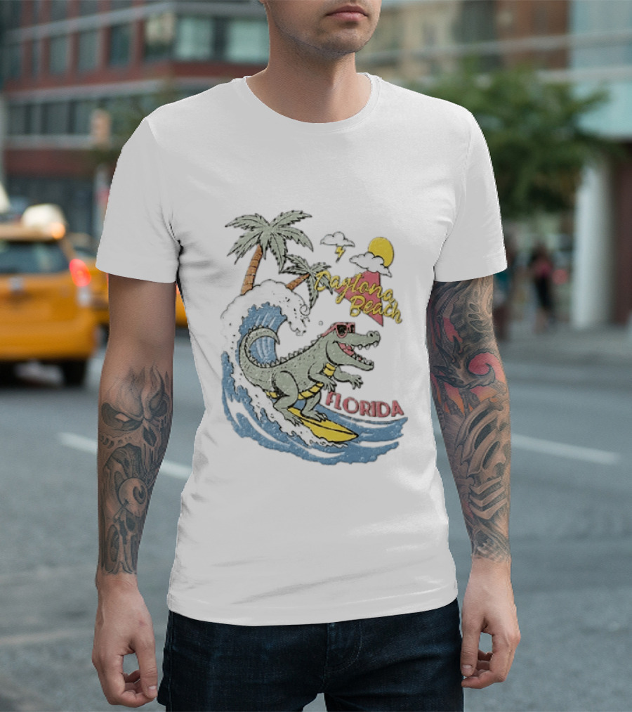 Daytona Beach Florida Surfing Alligator With Palm Trees And Sunglasses T-Shirt