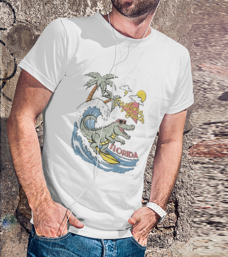 Daytona Beach Florida Surfing Alligator With Palm Trees And Sunglasses T-Shirt