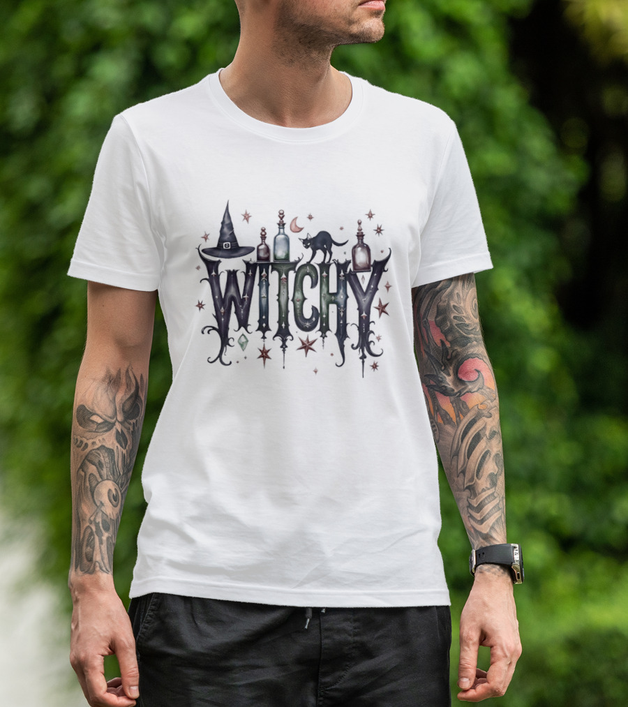 Witchy Halloween Magic With Potion Bottles Cat And Stars T-Shirt