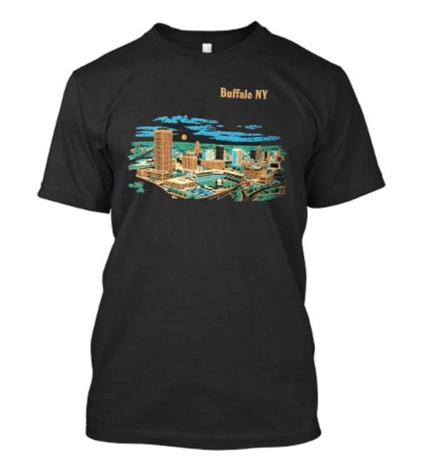 Buffalo NY Skyline Cityscape Illustration With Moonlit Clouds T-Shirt