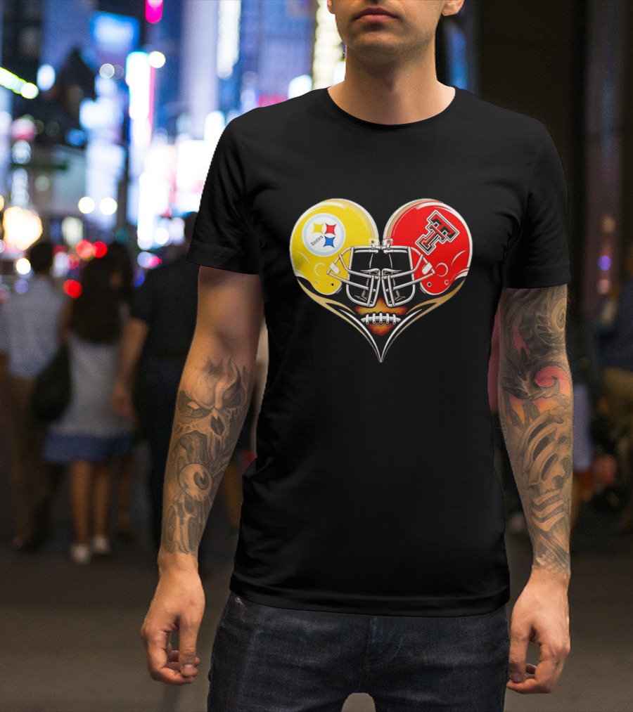 Pittsburgh Steelers Texas Tech Red Raiders Football Helmets Heart T-Shirt