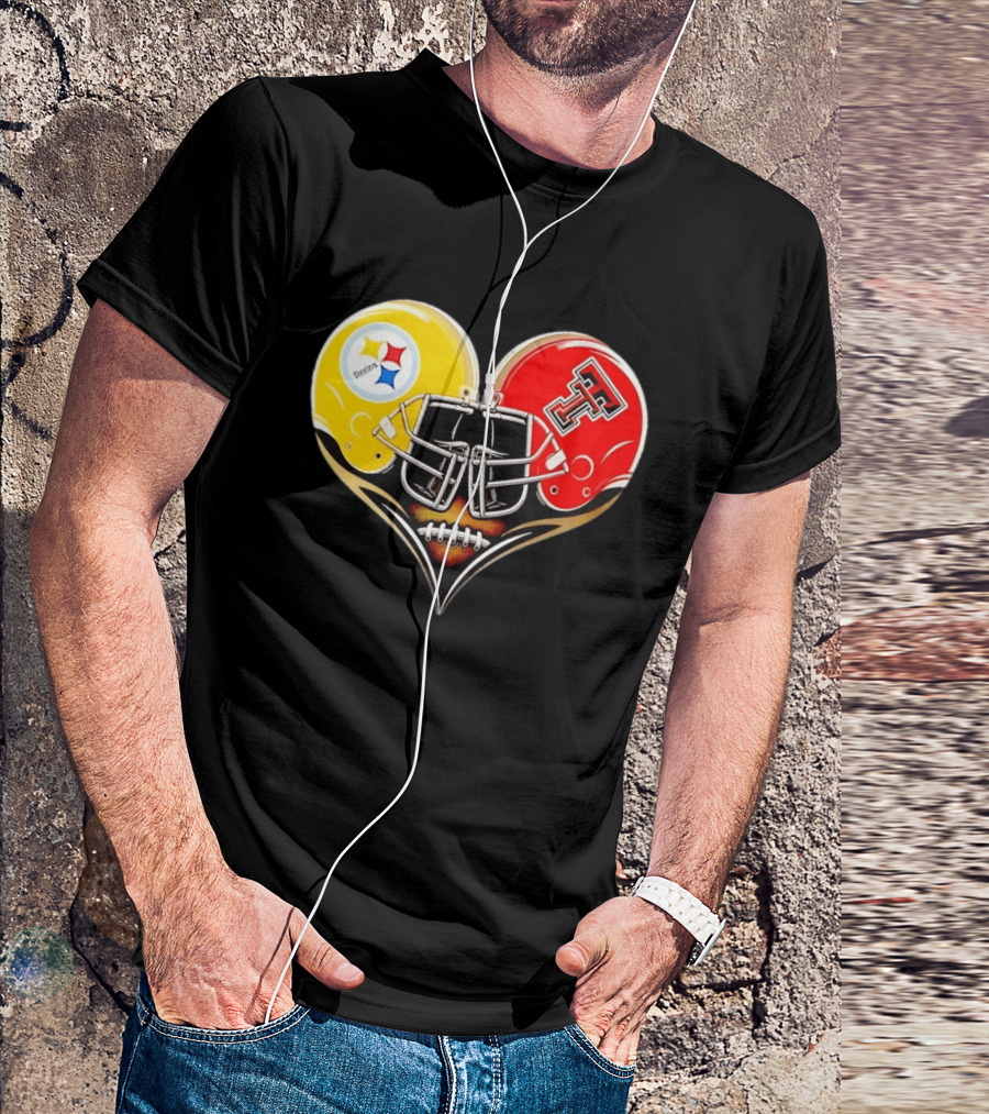 Pittsburgh Steelers Texas Tech Red Raiders Football Helmets Heart T-Shirt