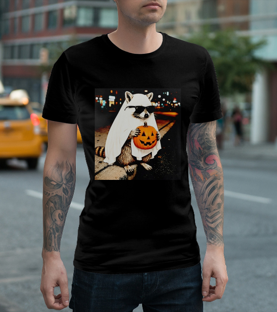 Raccoon Ghost Sunglasses Pumpkin Halloween Street Scene T-Shirt