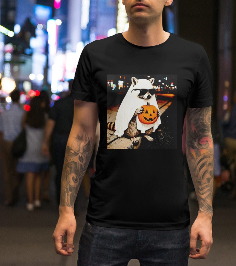 Raccoon Ghost Sunglasses Pumpkin Halloween Street Scene T-Shirt