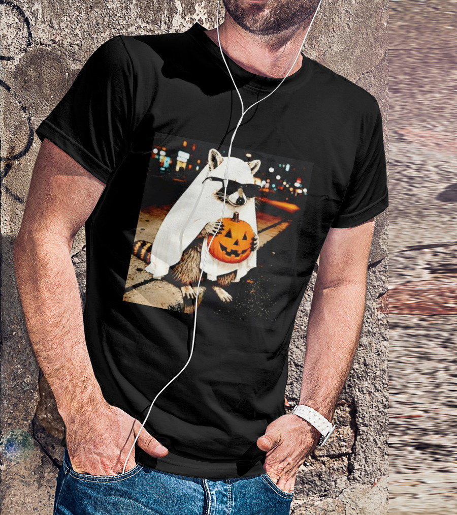Raccoon Ghost Sunglasses Pumpkin Halloween Street Scene T-Shirt