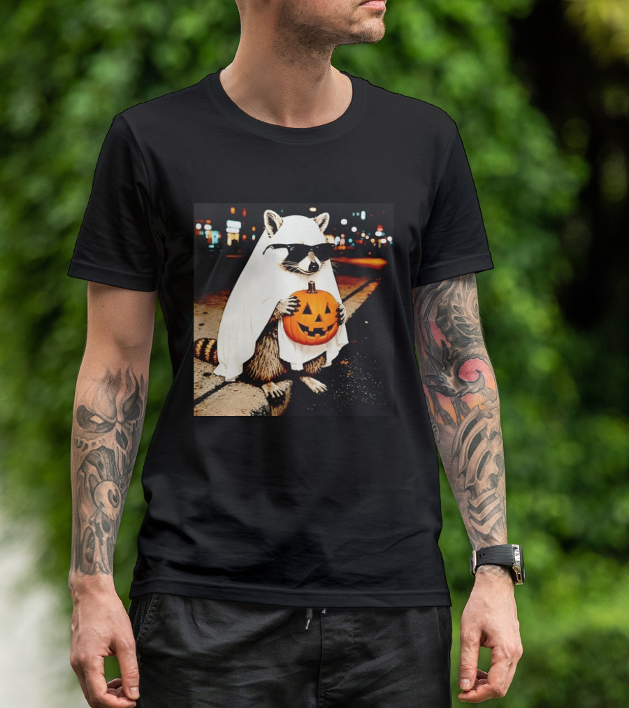 Raccoon Ghost Sunglasses Pumpkin Halloween Street Scene T-Shirt