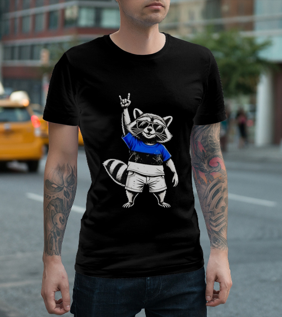 Rocking Raccoon Estonia Flag Style With Sunglasses And Hand Gesture T-Shirt