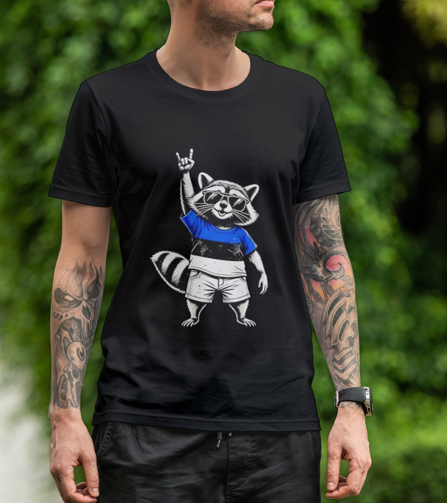 Rocking Raccoon Estonia Flag Style With Sunglasses And Hand Gesture T-Shirt