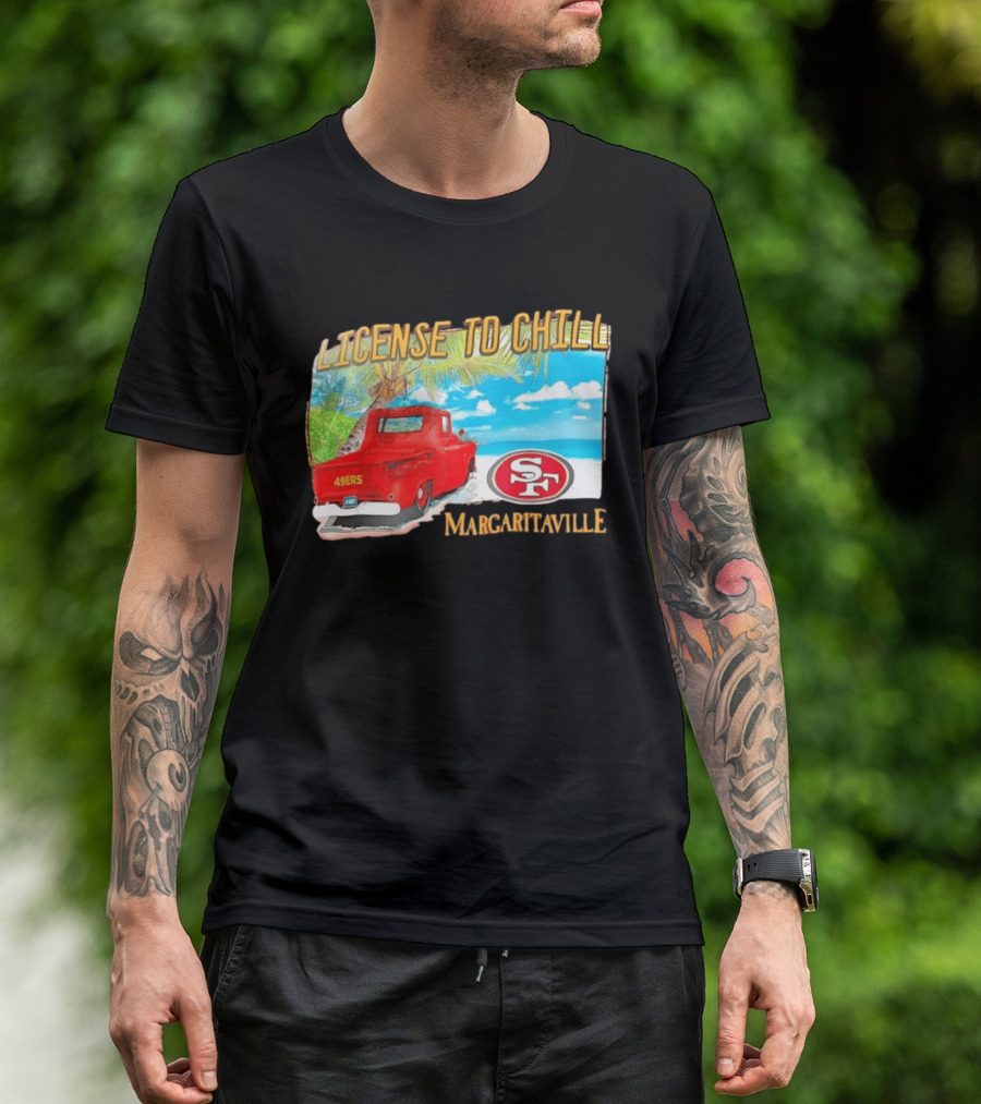 San Francisco 49ers License To Chill Margaritaville Beach Scene Vintage Truck T-Shirt