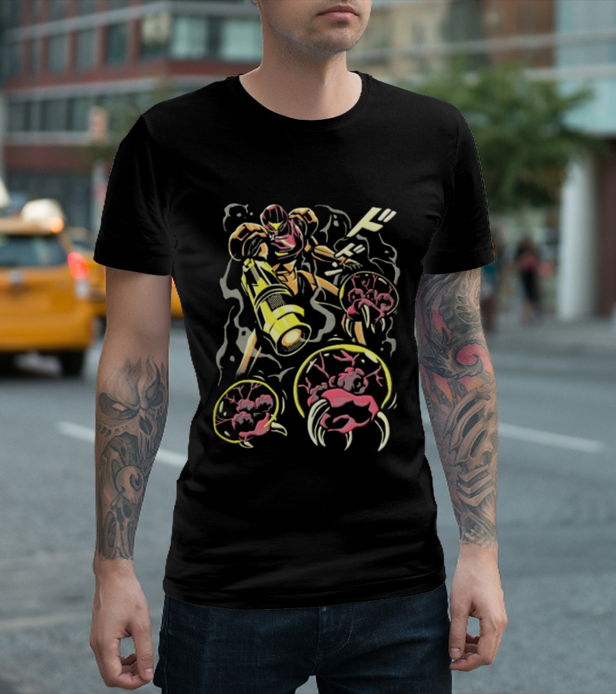 Dodon Armored Sci Fi Bounty Hunter Arm Cannon Alien Parasites Manga Line T-Shirt