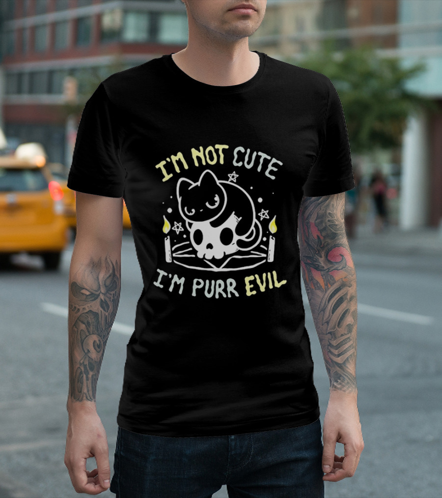 I'm Not Cute I'm Purr Evil Cat On Skull With Pentagram And Candles T-Shirt