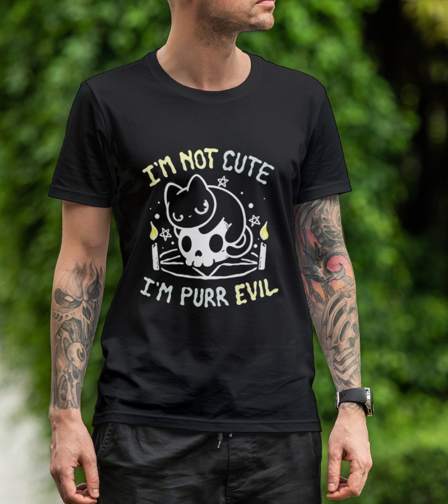 I'm Not Cute I'm Purr Evil Cat On Skull With Pentagram And Candles T-Shirt