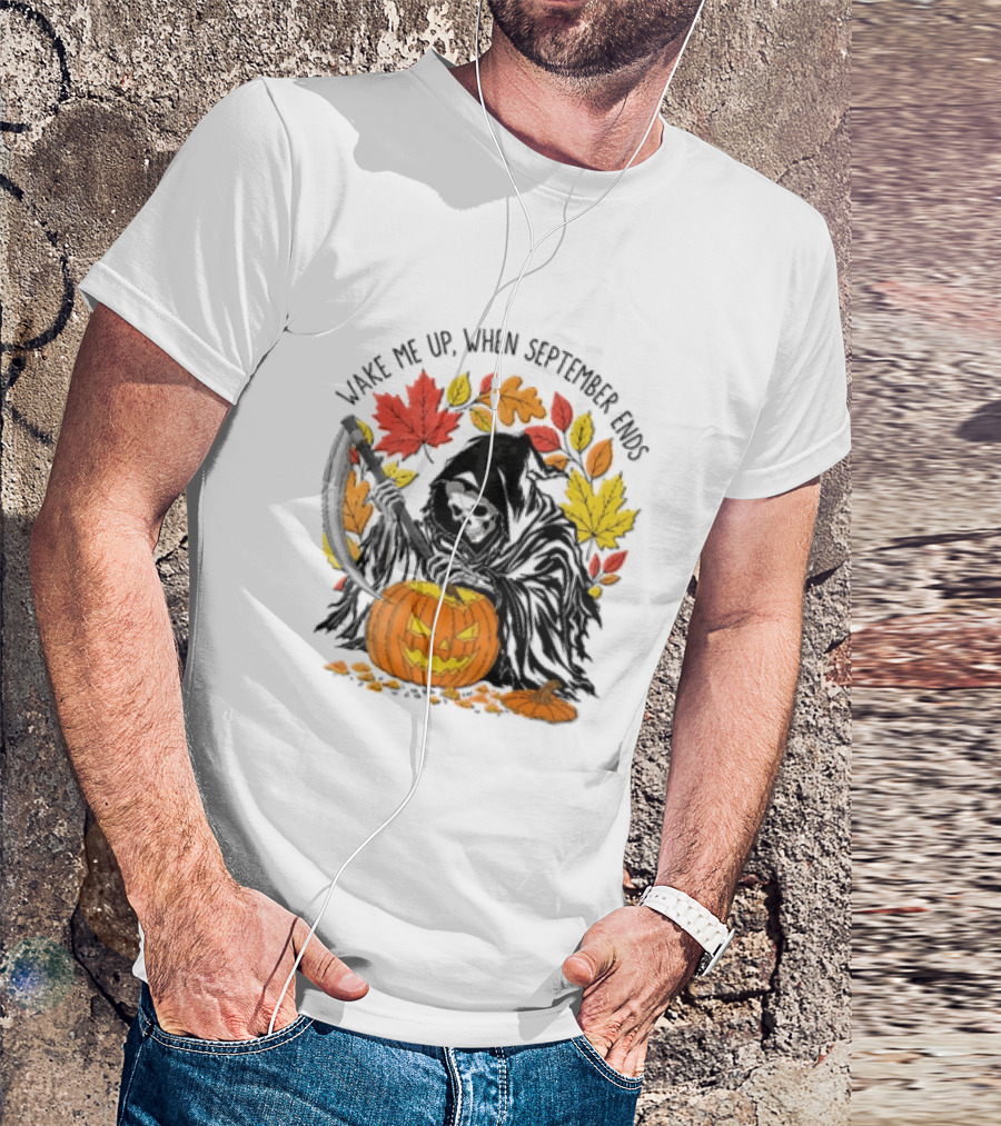 Wake Me Up When September Ends Grim Reaper Carving Jack O Lantern Autumn Leaves T-Shirt