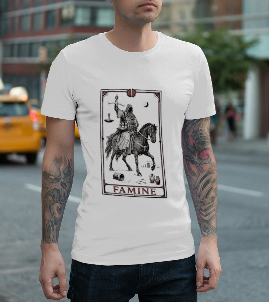 Famine Hooded Rider On Black Horse With Scales Tarot Card T-Shirt