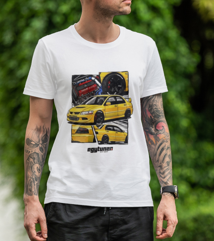 Mitsubishi Egytuner Est 2003 Yellow Lancer Evolution Engine Wheel Panels T-Shirt