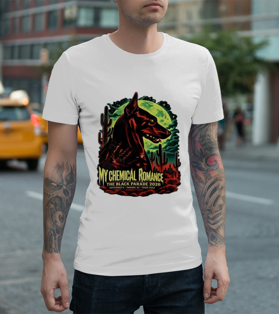My Chemical Romance The Black Parade 2026 September 6 Phoenix AZ Chase Field Cactus And Dog Moon Scene T-Shirt