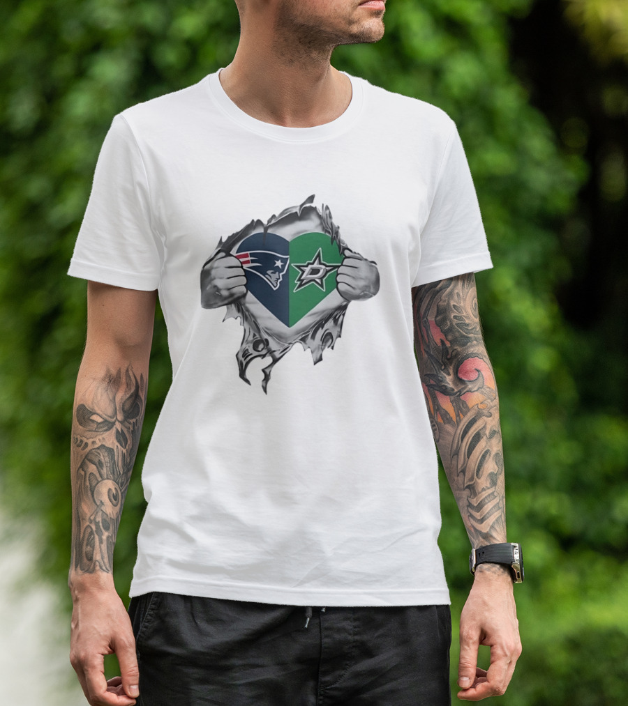 New England Patriots Dallas Stars Heart Split Design Fans T-Shirt