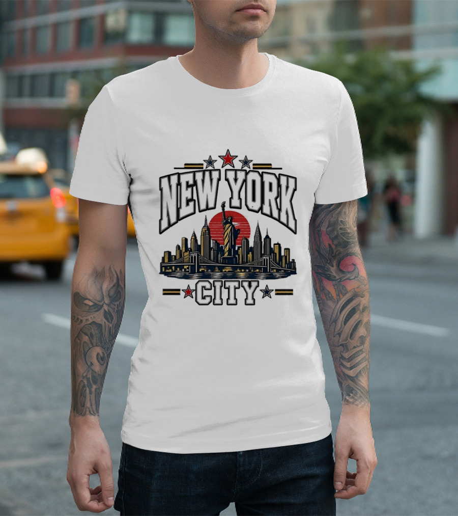 New York City Statue Of Liberty Skyline Red Sun Star Accents T-Shirt