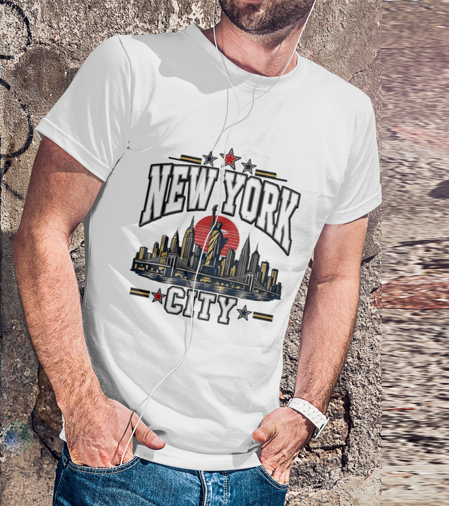 New York City Statue Of Liberty Skyline Red Sun Star Accents T-Shirt