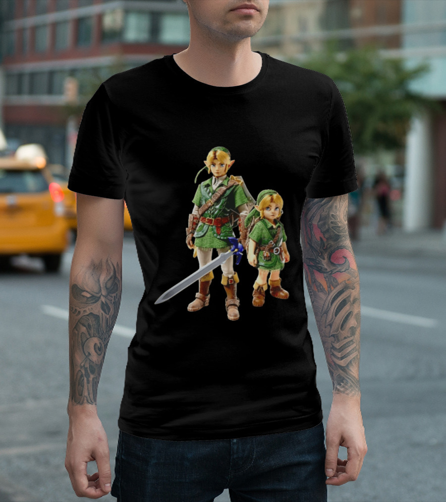 Adult And Young Link Green Tunic Warrior Sword Shield Render T-Shirt