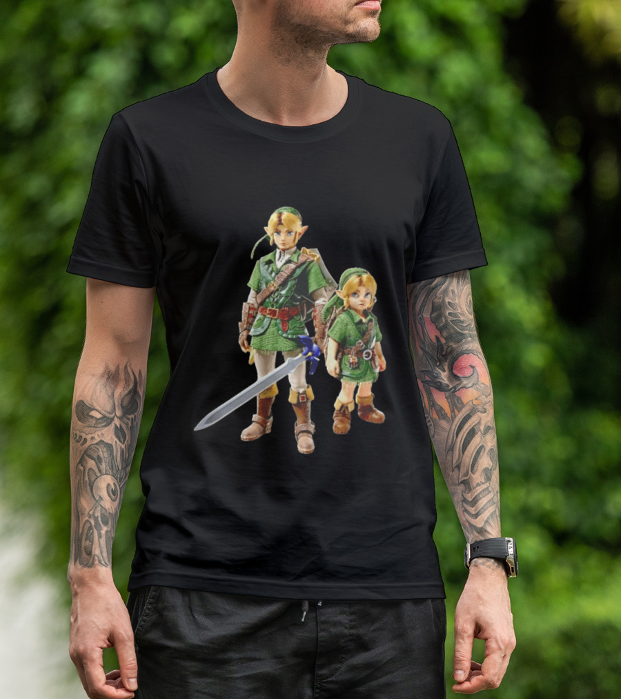 Adult And Young Link Green Tunic Warrior Sword Shield Render T-Shirt