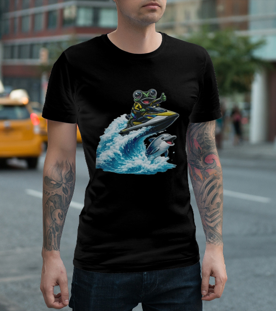 Cartoon Frog Thumbs Up Riding Jet Ski With Dolphin On Ocean Wave T-Shirt