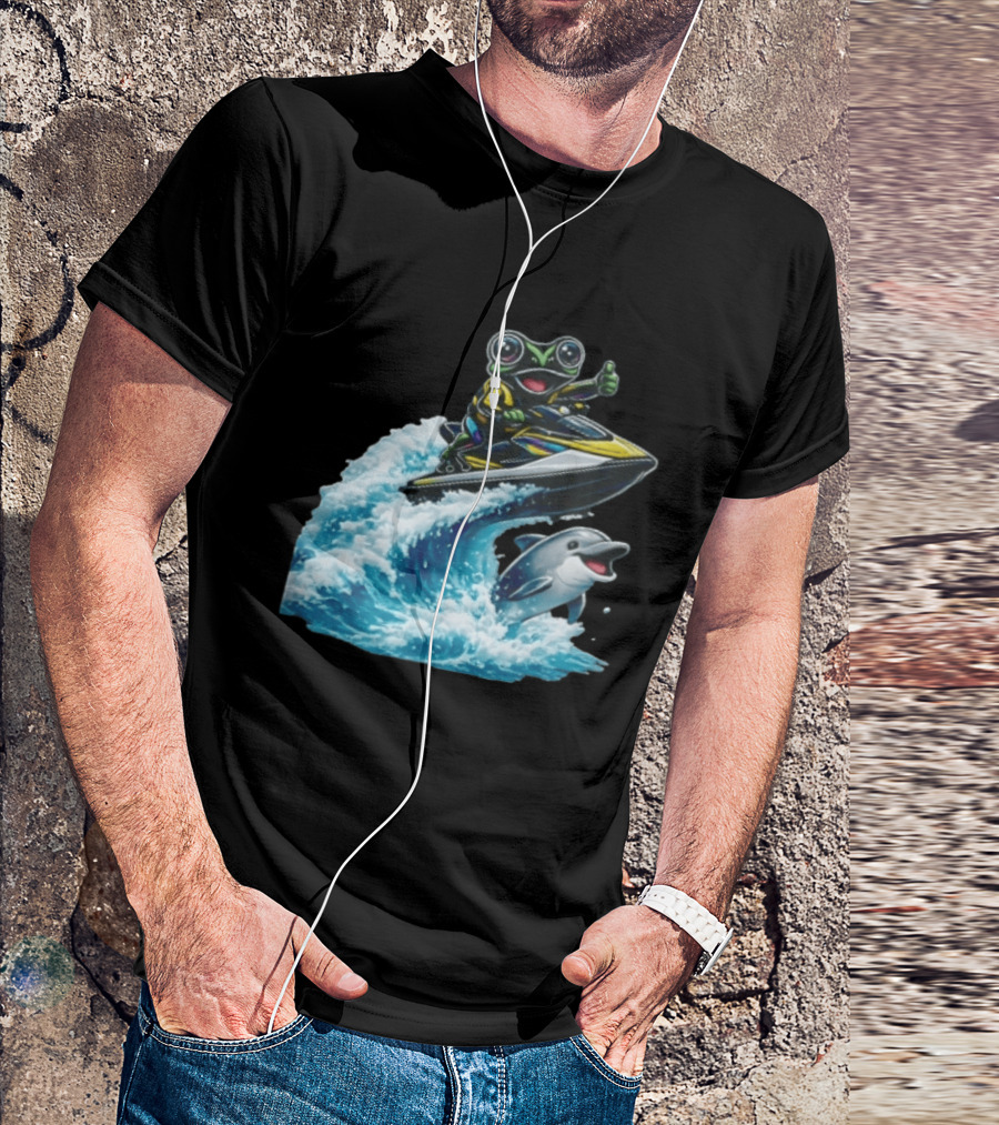 Cartoon Frog Thumbs Up Riding Jet Ski With Dolphin On Ocean Wave T-Shirt