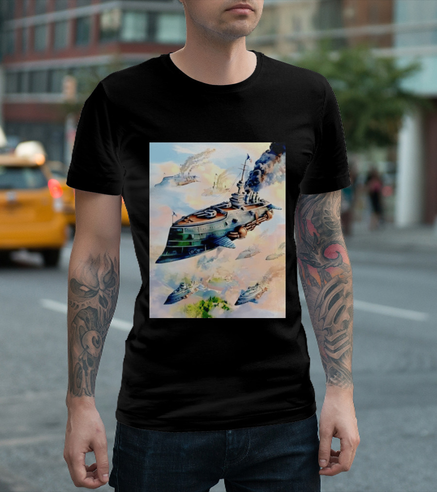 Steampunk Flying Battleship Armada Soaring Through The Clouds T-Shirt
