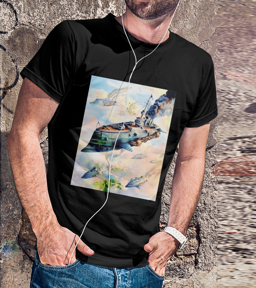 Steampunk Flying Battleship Armada Soaring Through The Clouds T-Shirt