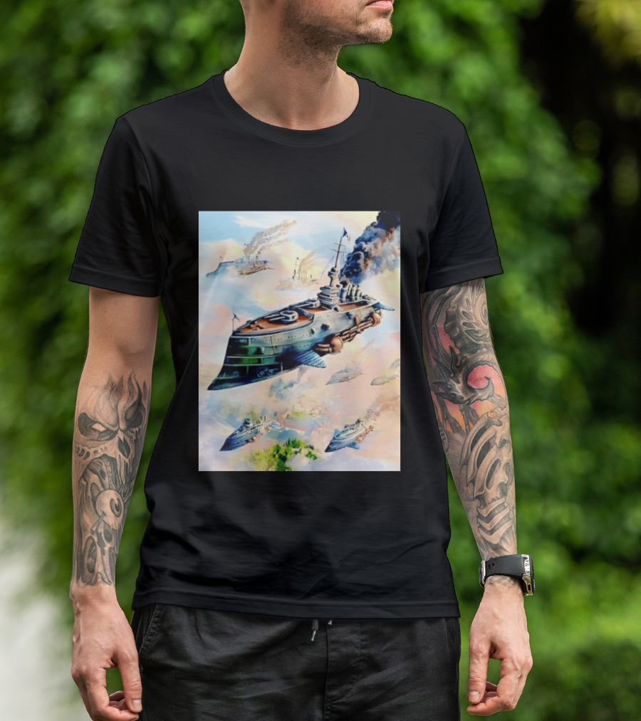 Steampunk Flying Battleship Armada Soaring Through The Clouds T-Shirt