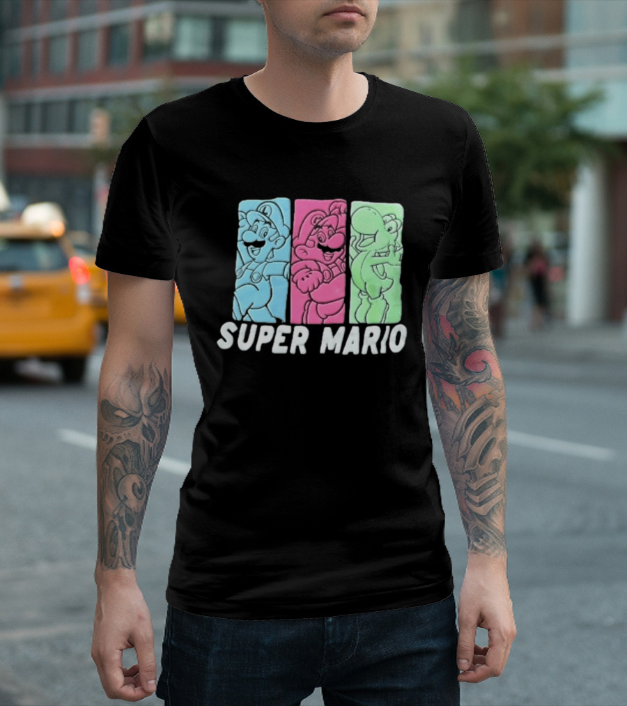Super Mario Luigi Yoshi Characters Colorful Panels T-Shirt