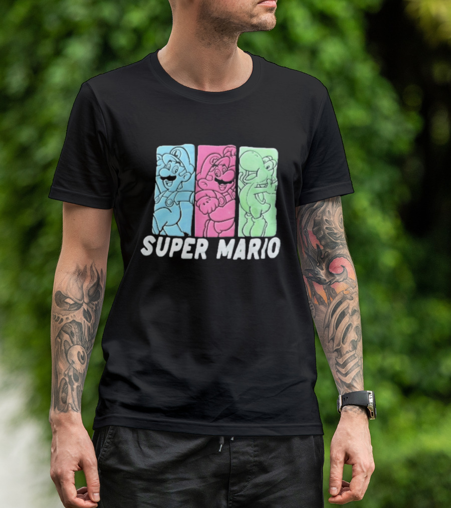 Super Mario Luigi Yoshi Characters Colorful Panels T-Shirt