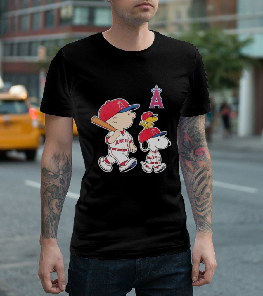 Charlie Brown Snoopy Woodstock Los Angeles Angels Baseball Team T-Shirt