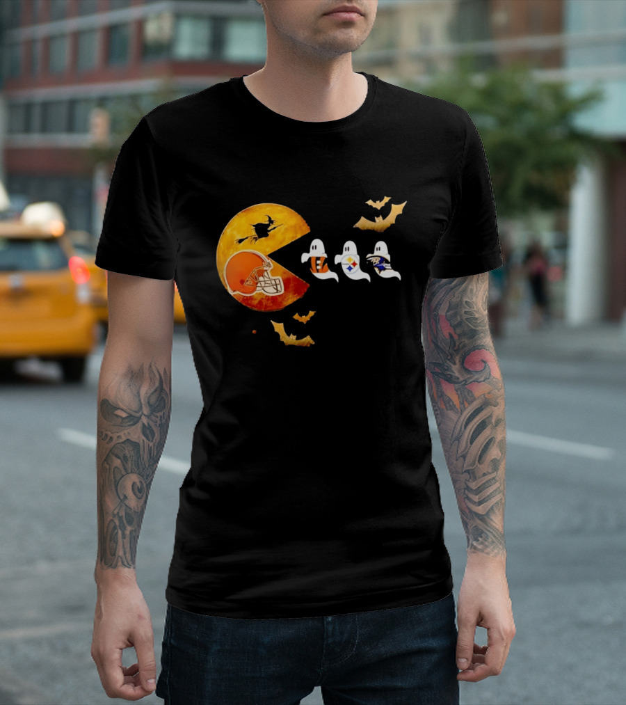 Cleveland Browns Pac Man Vs Bengals Steelers Ravens Halloween Battle T-Shirt