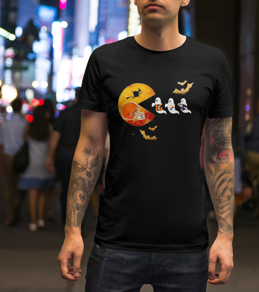 Cleveland Browns Pac Man Vs Bengals Steelers Ravens Halloween Battle T-Shirt