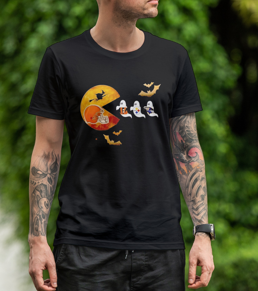Cleveland Browns Pac Man Vs Bengals Steelers Ravens Halloween Battle T-Shirt