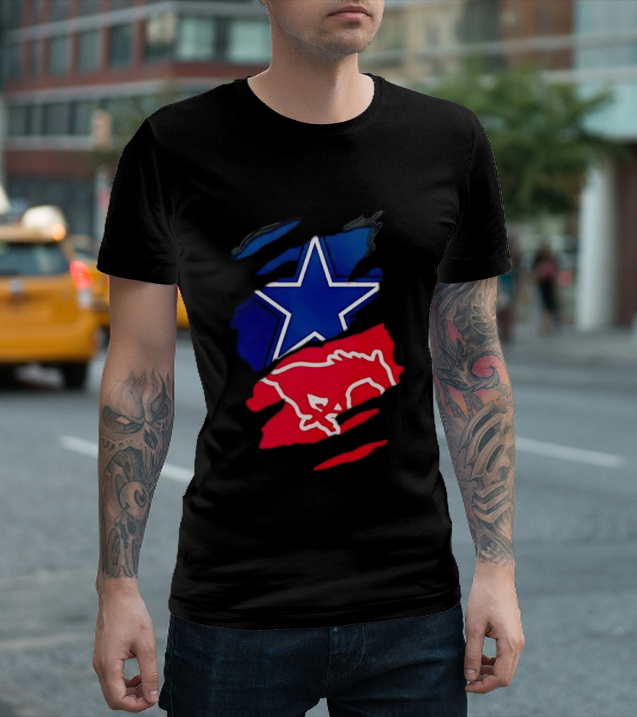 Dallas Cowboys Star And SMU Mustangs Red Ripped Effect T-Shirt